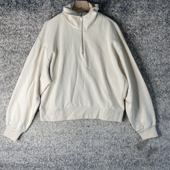 COS Sweatshirt Womens Large Cream Ecru Half Zip Mock Neck 100% Cotton Pullover - Picture 1 of 8